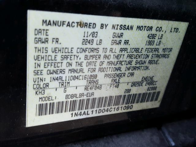 1N4AL11D04C161090 - 2004 NISSAN ALTIMA BAS BLACK photo 10