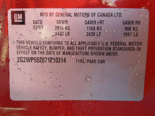 2G2WP552871210314 - 2007 PONTIAC GRAND PRIX RED photo 10