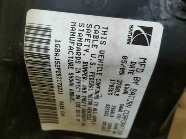 1G8AJ52F25Z173211 - 2005 SATURN ION LEVEL GOLD photo 10