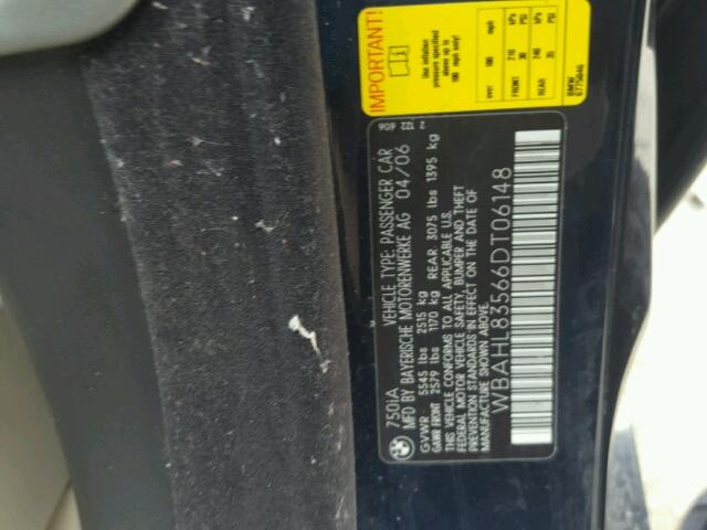 WBAHL83566DT06148 - 2006 BMW 750 I BLUE photo 10