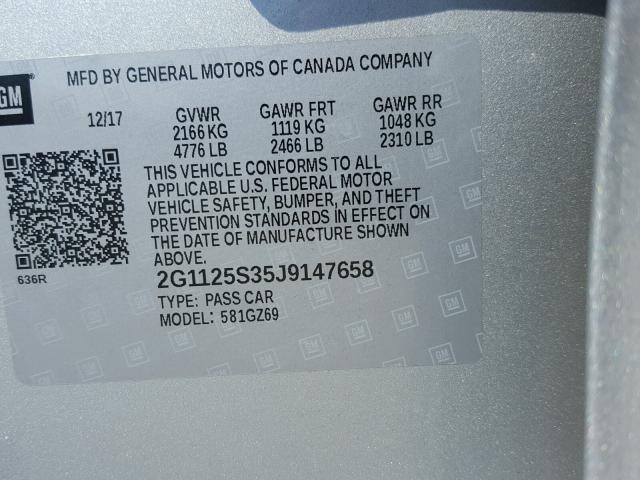 2G1125S35J9147658 - 2018 CHEVROLET IMPALA PRE ვერცხლისფერი ფოტო 10