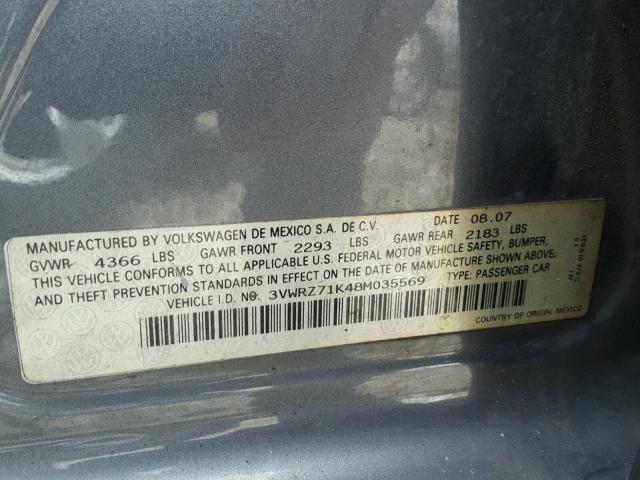 3VWRZ71K48M035569 - 2008 VOLKSWAGEN JETTA SE GRAY photo 10