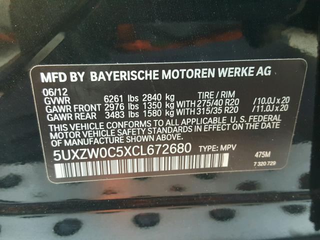 5UXZW0C5XCL672680 - 2012 BMW X5 XDRIVE3 BLACK photo 10
