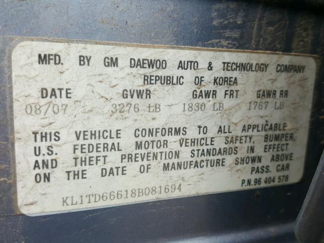 KL1TD66618B081694 - 2008 CHEVROLET AVEO BASE Niebieski zdjęcie 10