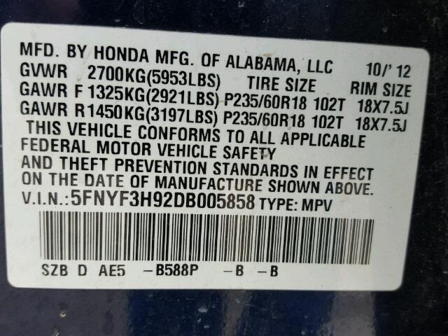 5FNYF3H92DB005858 - 2013 HONDA PILOT TOUR BLUE photo 10