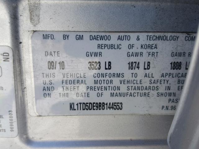 KL1TD5DE9BB144553 - 2011 CHEVROLET AVEO LS SILVER photo 10