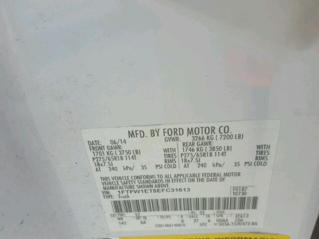 1FTFW1ET5EFC31613 - 2014 FORD F150 WHITE photo 10