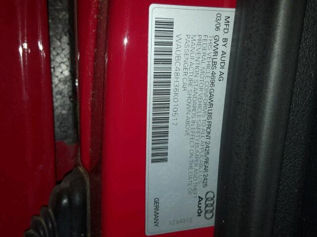 WAUBC48H36K010517 - 2006 AUDI A4 S-LINE RED photo 10