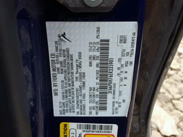 3FA6P0H76ER335901 - 2014 FORD FUSION SE BLUE photo 10