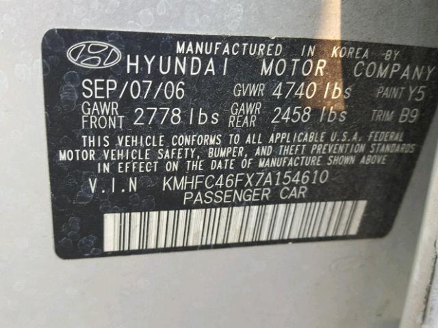 KMHFC46FX7A154610 - 2007 HYUNDAI AZERA SE SILVER photo 10