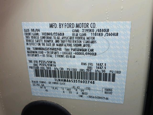 1LNHM86S35Y602748 - 2005 LINCOLN LS WHITE photo 10