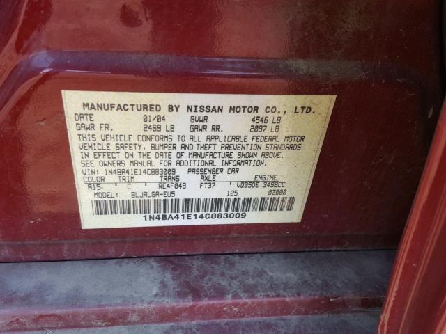 1N4BA41E14C883009 - 2004 NISSAN MAXIMA SE RED photo 10