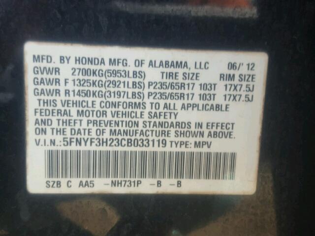 5FNYF3H23CB033119 - 2012 HONDA PILOT LX BLACK photo 10