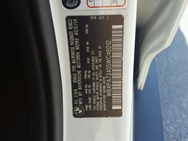 WBXPA73405WC46012 - 2005 BMW X3 2.5I WHITE photo 10