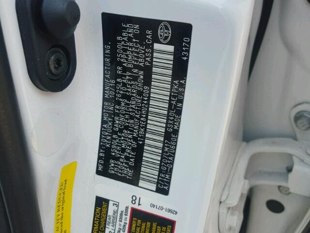 4T1BK1EB4HU244009 - 2017 TOYOTA AVALON XLE WHITE photo 10