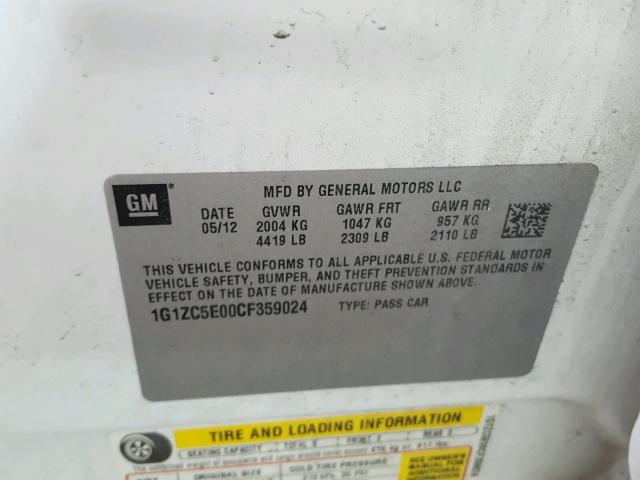 1G1ZC5E00CF359024 - 2012 CHEVROLET MALIBU 1LT WHITE photo 10