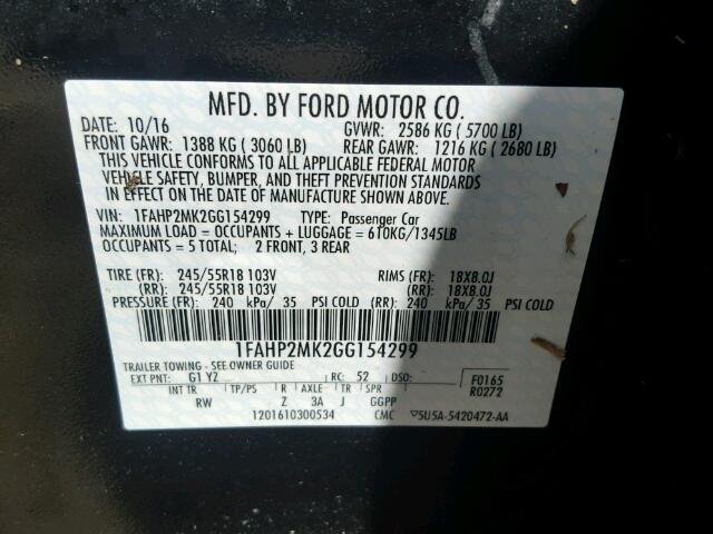 1FAHP2MK2GG154299 - 2016 FORD TAURUS BLACK photo 10