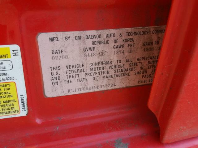 KL1TD66E49B347721 - 2009 CHEVROLET AVEO LS RED photo 10