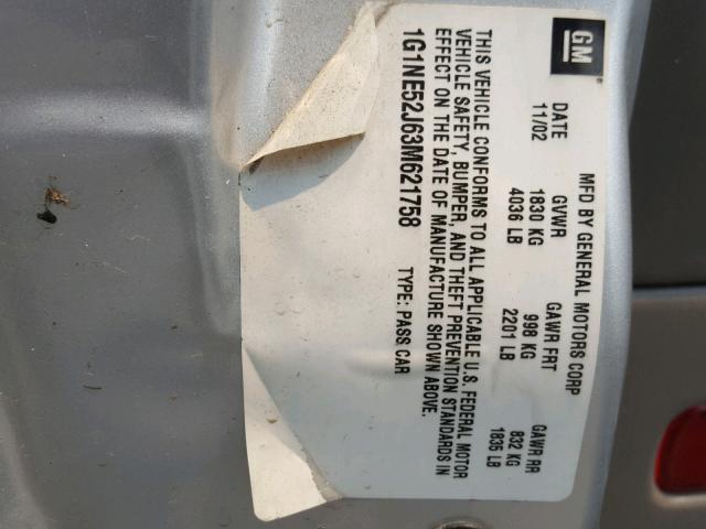 1G1NE52J63M621758 - 2003 CHEVROLET MALIBU LS SILVER photo 10