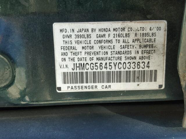 JHMCG5645YC033634 - 2000 HONDA ACCORD GREEN photo 10