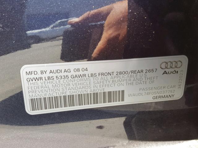 WAUDL74F05N037752 - 2005 AUDI A6 4.2 QUA GRAY photo 10