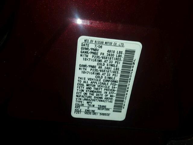 JN8AZ08T76W427145 - 2006 NISSAN MURANO BURGUNDY photo 10