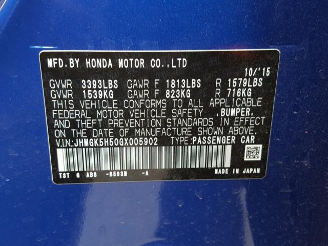 JHMGK5H50GX005902 - 2016 HONDA FIT LX BLUE photo 10