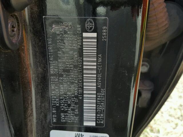 4T1BF3EK9BU174692 - 2011 TOYOTA CAMRY BASE BLACK photo 10