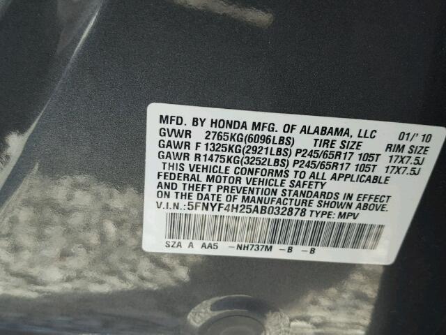 5FNYF4H25AB032878 - 2010 HONDA PILOT GRAY photo 10