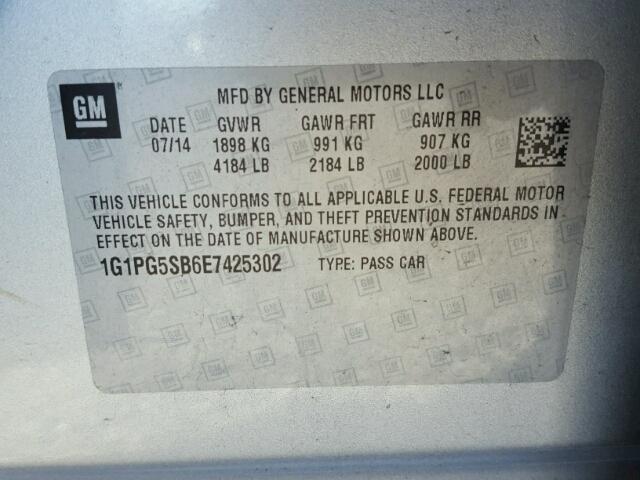 1G1PG5SB6E7425302 - 2014 CHEVROLET CRUZE SILVER photo 10