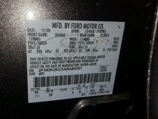 2FMDK3KCXABA80391 - 2010 FORD EDGE LIMIT GRAY photo 10