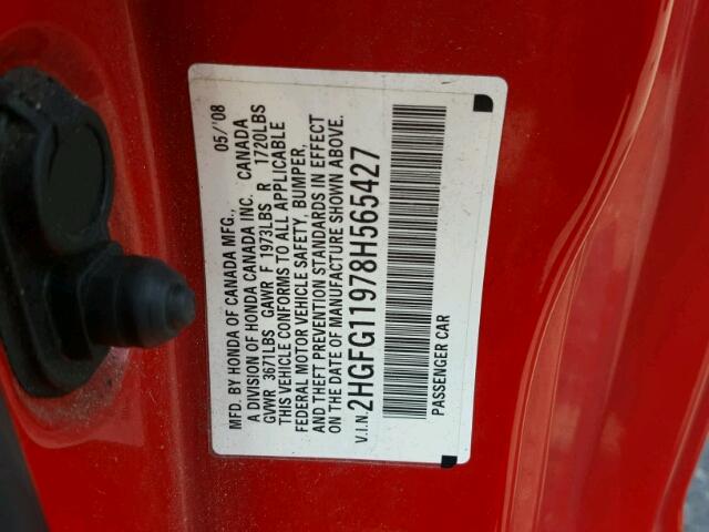 2HGFG11978H565427 - 2008 HONDA CIVIC EXL Qırmızı foto 10