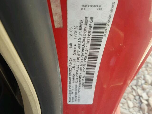 3VWSF31Y96M311927 - 2006 VOLKSWAGEN NEW BEETLE წითელი ფოტო 10