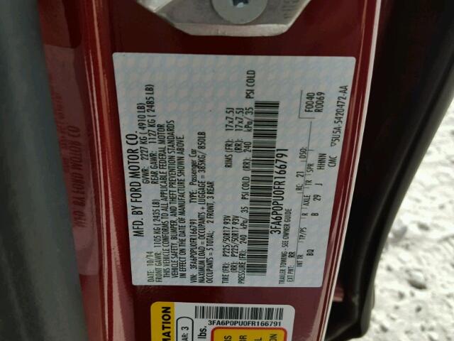 3FA6P0PU0FR166791 - 2015 FORD FUSION MAROON photo 10