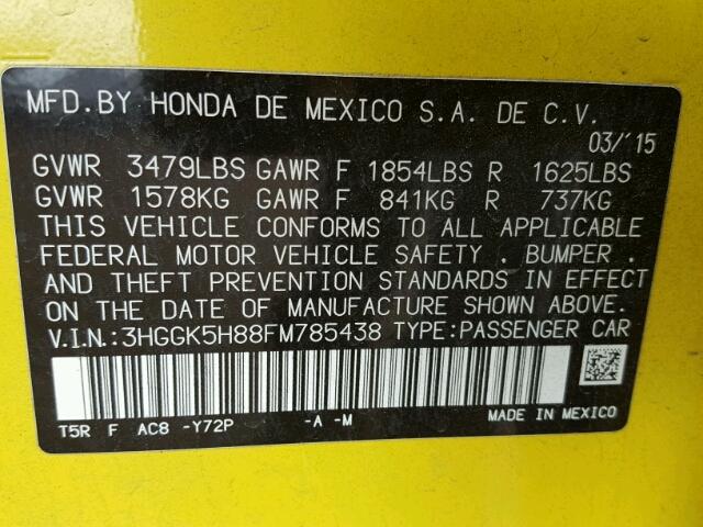 3HGGK5H88FM785438 - 2015 HONDA FIT YELLOW photo 10