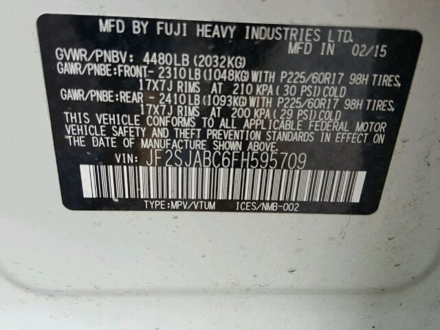 JF2SJABC6FH595709 - 2015 SUBARU FORESTER 2 WHITE photo 10