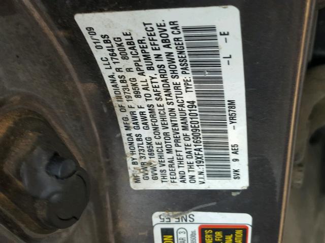 19XFA16909E010194 - 2009 HONDA CIVIC EXL 灰色 照片 10