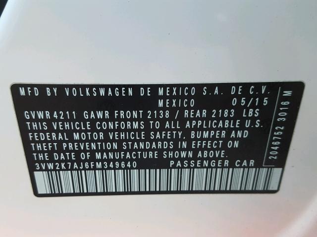 3VW2K7AJ6FM349640 - 2015 VOLKSWAGEN JETTA BASE 白色 照片 10