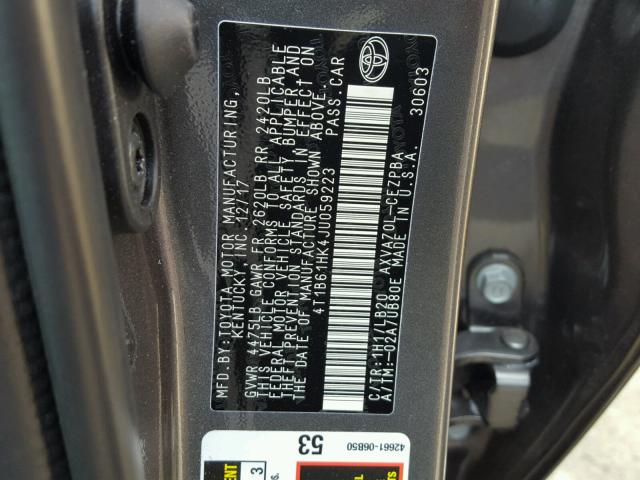 4T1B61HK4JU059223 - 2018 TOYOTA CAMRY XSE SILVER photo 10