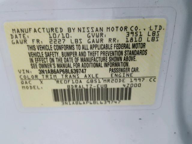 3N1AB6AP6BL639747 - 2011 NISSAN SENTRA 2.0 WHITE photo 10