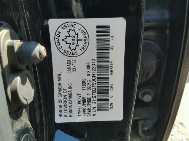 2HGFB2F99CH122010 - 2012 HONDA CIVIC EXL 黑色 照片 10