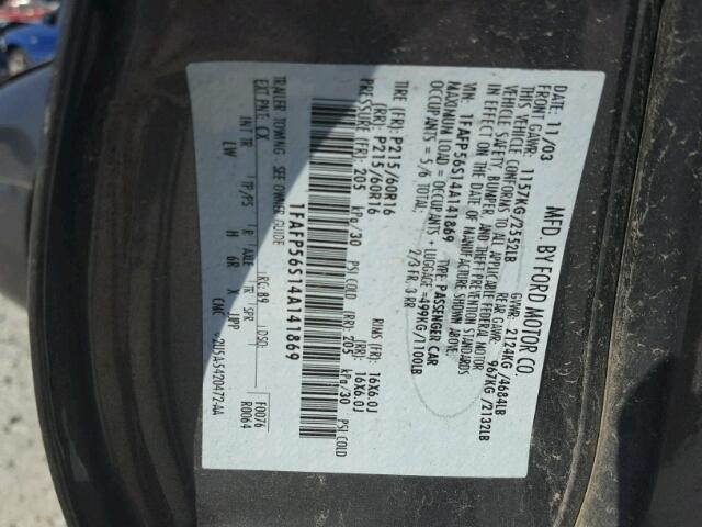 1FAFP56S14A141869 - 2004 FORD TAURUS GRAY photo 10