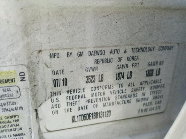 KL1TD5DE1BB131120 - 2011 CHEVROLET AVEO LS 白色 照片 10