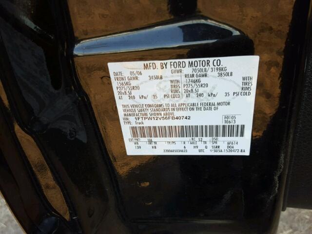 1FTPW12V56FB40742 - 2006 FORD F150 BLACK photo 10