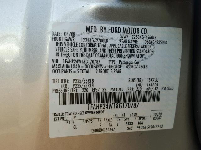 1FAHP24W18G170787 - 2008 FORD TAURUS SEL SILVER photo 10