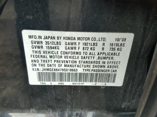 JHMGE88479S018663 - 2009 HONDA FIT BLACK photo 10