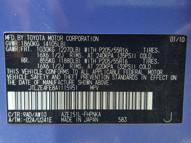 JTLZE4FE8A1115951 - 2010 TOYOTA SCION XB Mavi foto 10