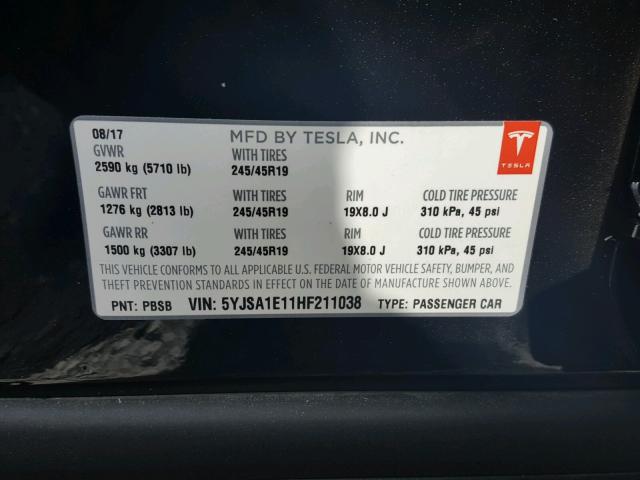 5YJSA1E11HF211038 - 2017 TESLA MODEL S BLACK photo 10