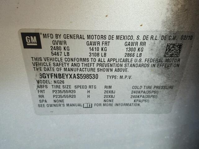 3GYFNBEYXAS598530 - 2010 CADILLAC SRX PERFOR 银色 照片 10