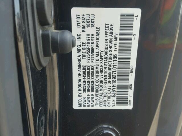 5J6YH18927L011136 - 2007 HONDA ELEMENT SC BLACK photo 10